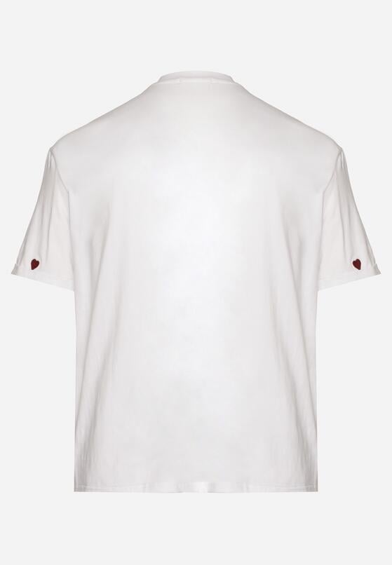 Biało-Czerwony Bawełniany T-shirt Zdobiony Haftem w Kształcie Serc Naloree 7