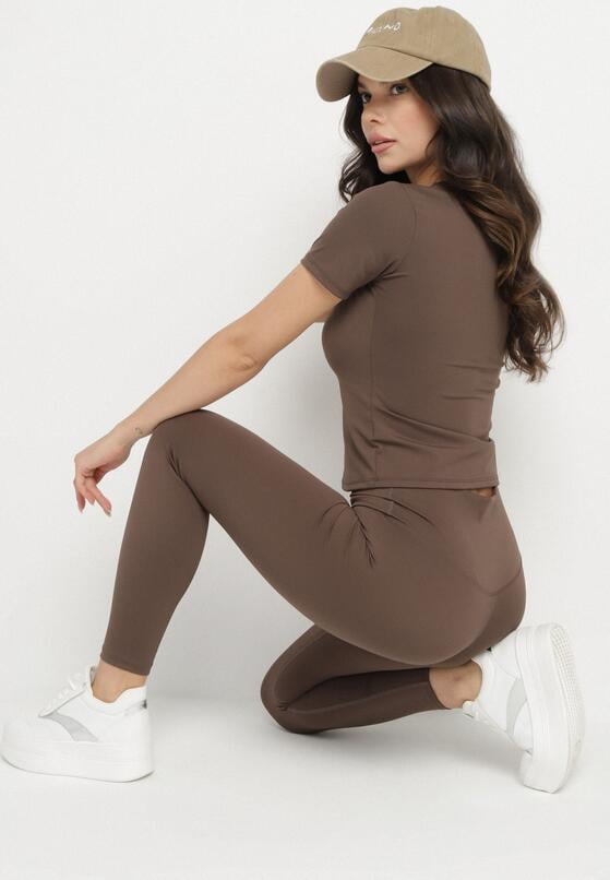 Brązowy Komplet Sportowy Legginsy i Dopasowany T-shirt Silendria 5