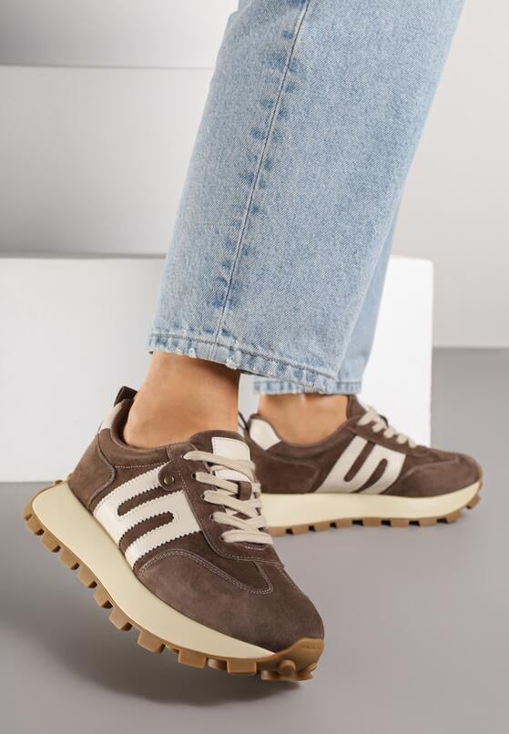 Brązowe Skórzane Sneakersy z Geometrycznym Motywem Melussea 2