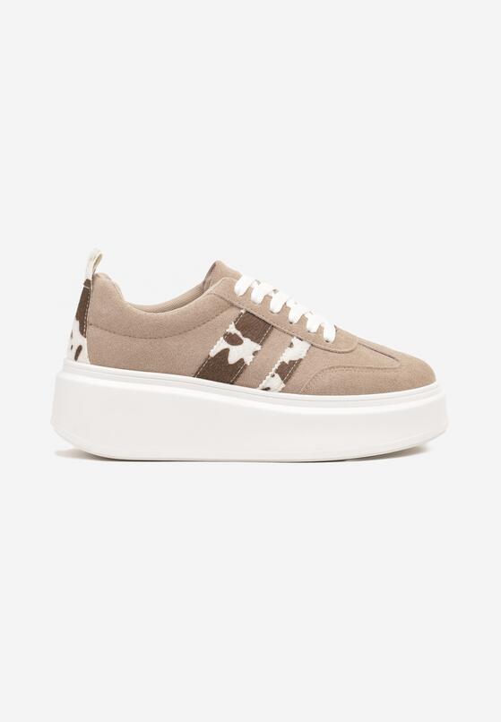 Ciemnobeżowe Sneakersy Kultowe Tenisówki na Platformie z Koturnem i Paskami Ozdobionymi Wzorem w Łaty Elisara 4