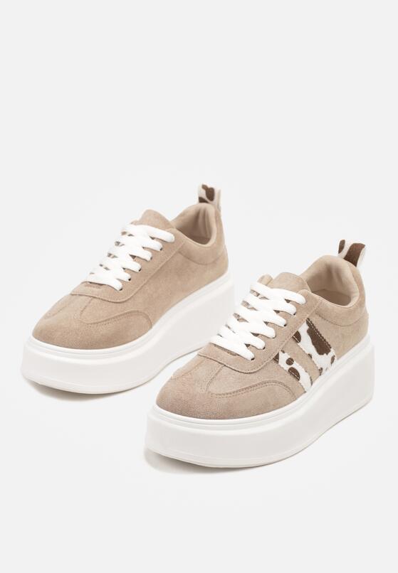 Ciemnobeżowe Sneakersy Kultowe Tenisówki na Platformie z Koturnem i Paskami Ozdobionymi Wzorem w Łaty Elisara 5