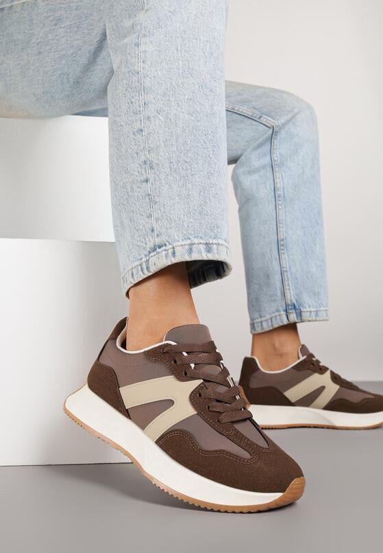 Brązowe Płaskie Sneakersy z Geometrycznym Wzorem Nawla 2