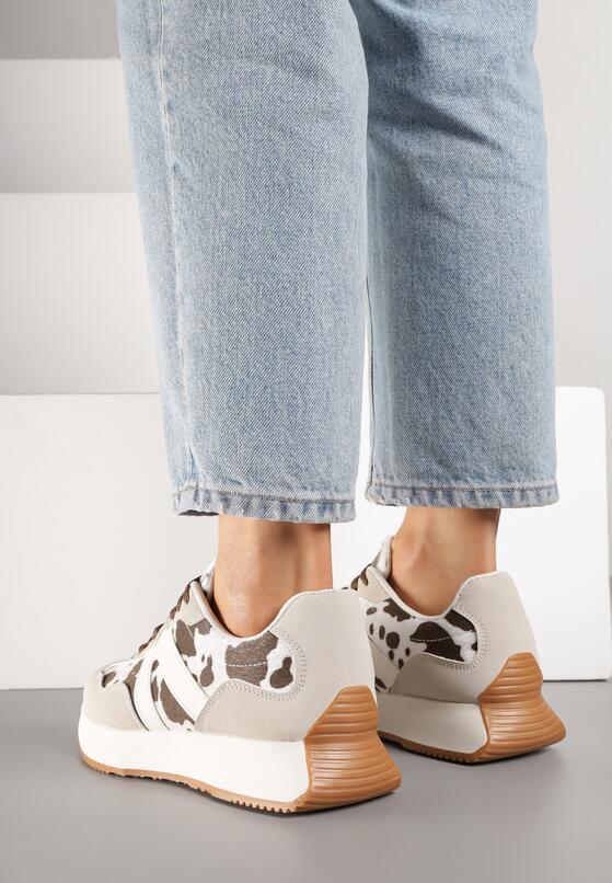 Biało-Brązowe Płaskie Sneakersy w Krowie Łaty z Geometrycznym Wzorem Nawla 3