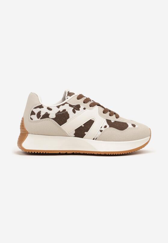 Biało-Brązowe Płaskie Sneakersy w Krowie Łaty z Geometrycznym Wzorem Nawla 4