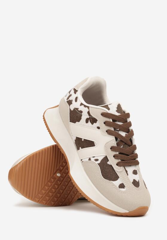 Biało-Brązowe Płaskie Sneakersy w Krowie Łaty z Geometrycznym Wzorem Nawla 5