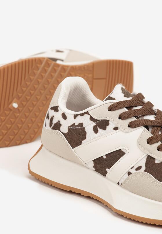 Biało-Brązowe Płaskie Sneakersy w Krowie Łaty z Geometrycznym Wzorem Nawla 6