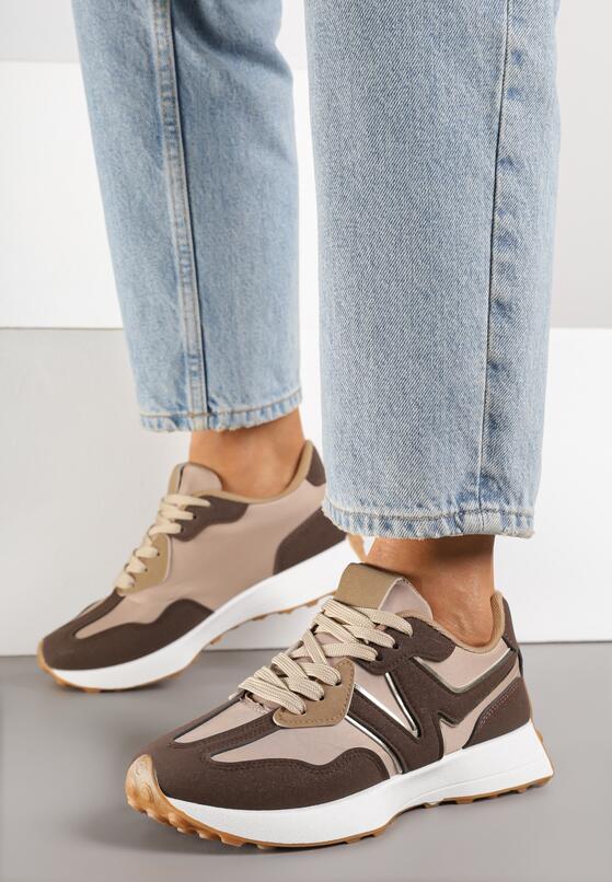 Brązowe Sneakersy na Płaskiej Podeszwie z Geometryczną Wstawką Helidi 2