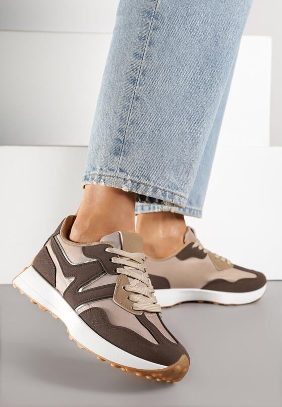 Brązowe Sneakersy na Płaskiej Podeszwie z Geometryczną Wstawką Helidi 1