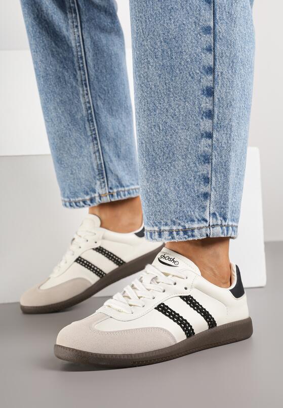 Beżowo-Czarne Sneakersy Tenisówki Ozdobione Ażurowymi Paskami Haluriella 3