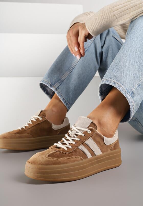 Brązowe Zamszowe Sneakersy na Grubej Podeszwie z Paskami i Skórzaną Wkładką Felenne 2