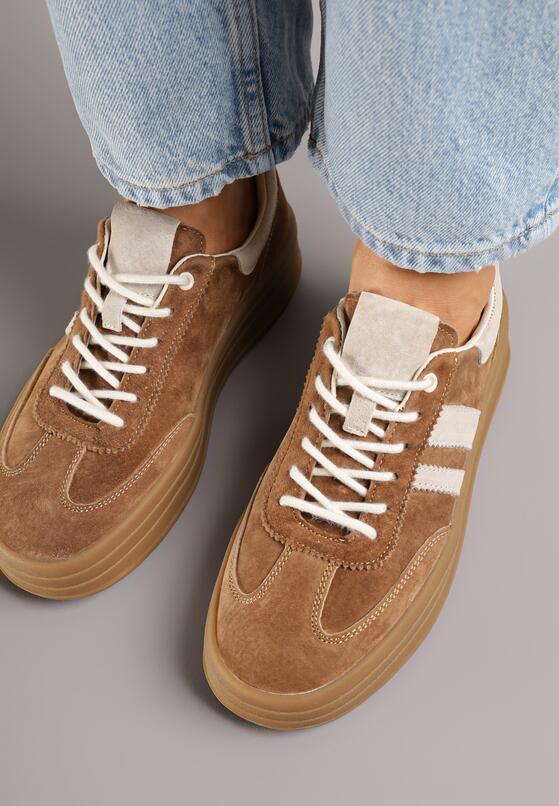 Brązowe Zamszowe Sneakersy na Grubej Podeszwie z Paskami i Skórzaną Wkładką Felenne 3