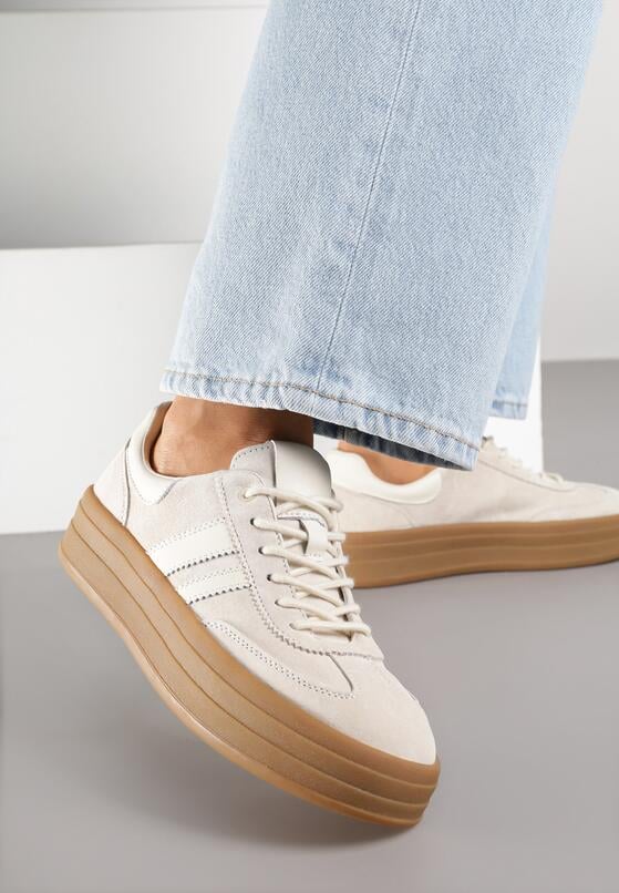 Jasnobeżowe Zamszowe Sneakersy na Grubej Podeszwie z Paskami i Skórzaną Wkładką Felenne 3