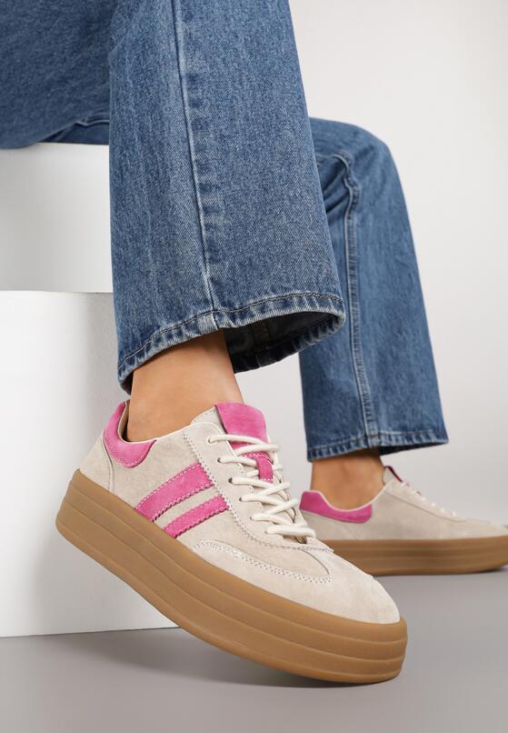 Beżowo-Fuksjowe Zamszowe Sneakersy na Grubej Podeszwie z Paskami i Skórzaną Wkładką Felenne 2