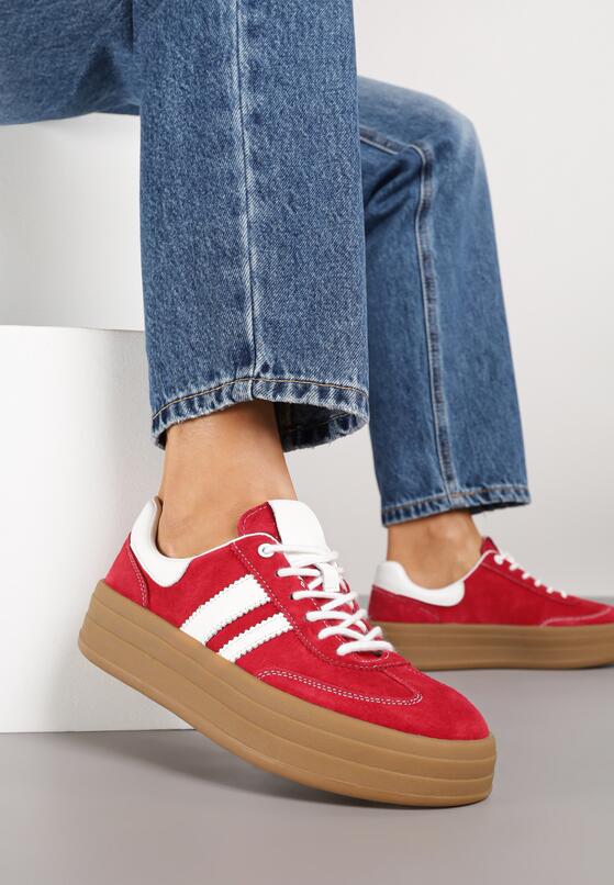 Czerwone Zamszowe Sneakersy na Grubej Podeszwie z Paskami i Skórzaną Wkładką Felenne 2