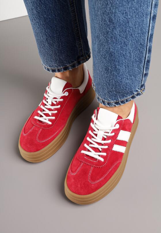Czerwone Zamszowe Sneakersy na Grubej Podeszwie z Paskami i Skórzaną Wkładką Felenne 3