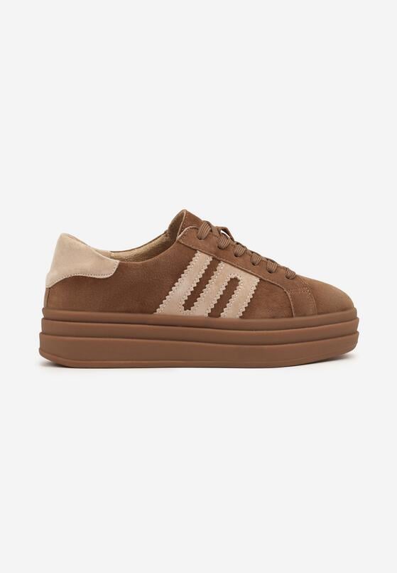 Brązowe Zamszowe Sneakersy na Grubej Podeszwie ze Skórzaną Wkładką i Naszywką Rilaressa 4