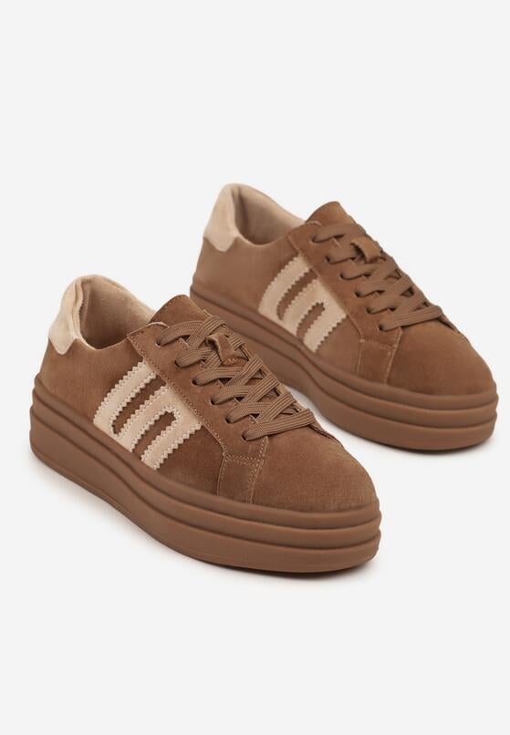 Brązowe Zamszowe Sneakersy na Grubej Podeszwie ze Skórzaną Wkładką i Naszywką Rilaressa 5