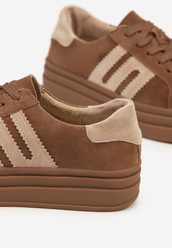 Brązowe Zamszowe Sneakersy na Grubej Podeszwie ze Skórzaną Wkładką i Naszywką Rilaressa 6