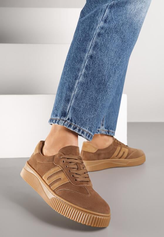 Brązowe Sneakersy Tenisówki ze Skóry Naturalnej z Geometrycznym Motywem Haleria 2