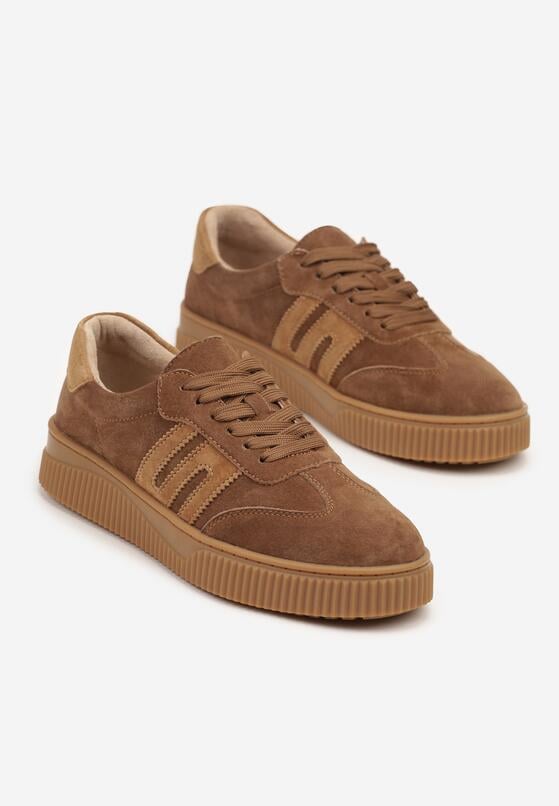 Brązowe Sneakersy Tenisówki ze Skóry Naturalnej z Geometrycznym Motywem Haleria 5