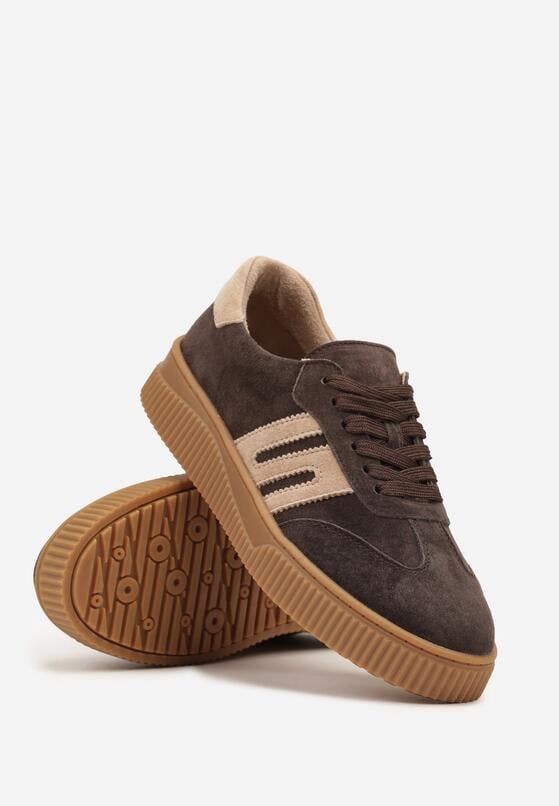Ciemnobrązowe Sneakersy Tenisówki ze Skóry Naturalnej z Geometrycznym Motywem Haleria 5