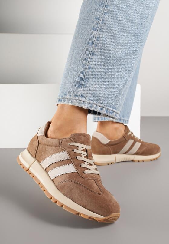 Brązowe Skórzane Sneakersy z Ozdobnymi Paskami Felindda 2