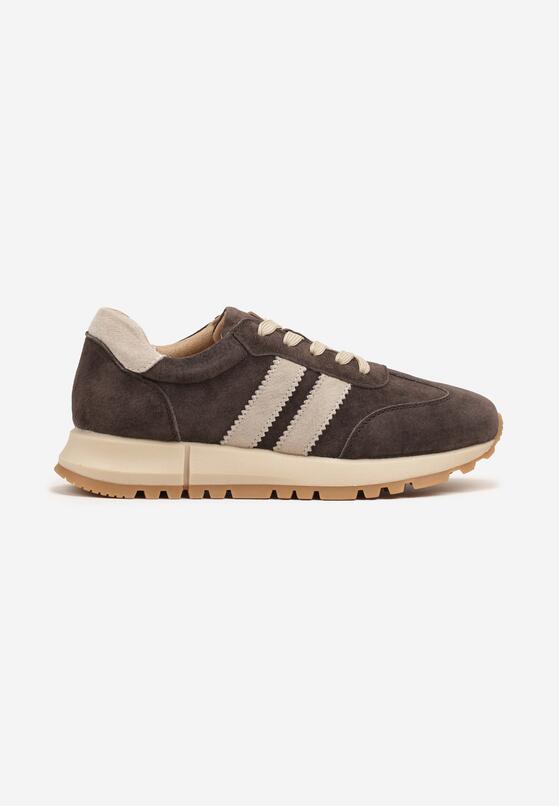 Ciemnobrązowe Skórzane Sneakersy z Ozdobnymi Paskami Felindda 4