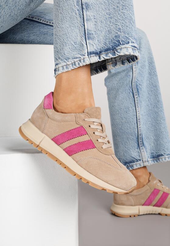 Beżowo-Fuksjowe Skórzane Sneakersy z Ozdobnymi Paskami Felindda 2