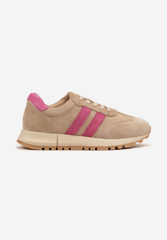 Beżowo-Fuksjowe Skórzane Sneakersy z Ozdobnymi Paskami Felindda 4