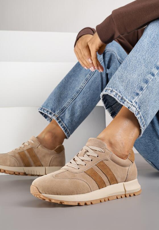 Beżowe Skórzane Sneakersy z Ozdobnymi Paskami Felindda 2