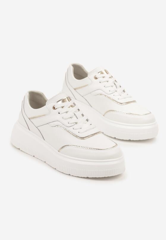 Białe Skórzane Sneakersy na Grubej Podeszwie z Metalicznymi Wstawkami Halalina 5