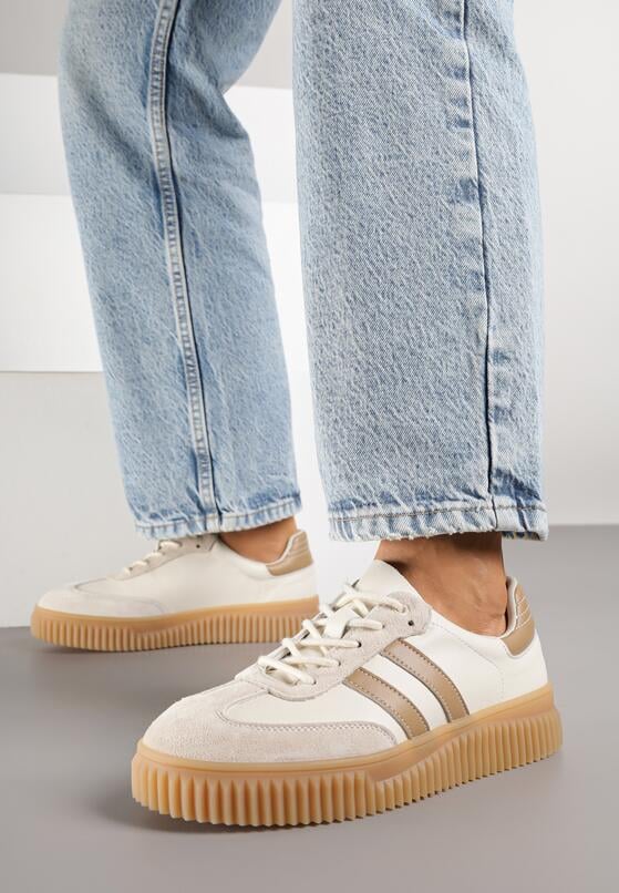 Beżowo-Brązowe Skórzane Sneakersy Klasyczne Tenisówki z Zamszu Naturalnego Teniresela 2