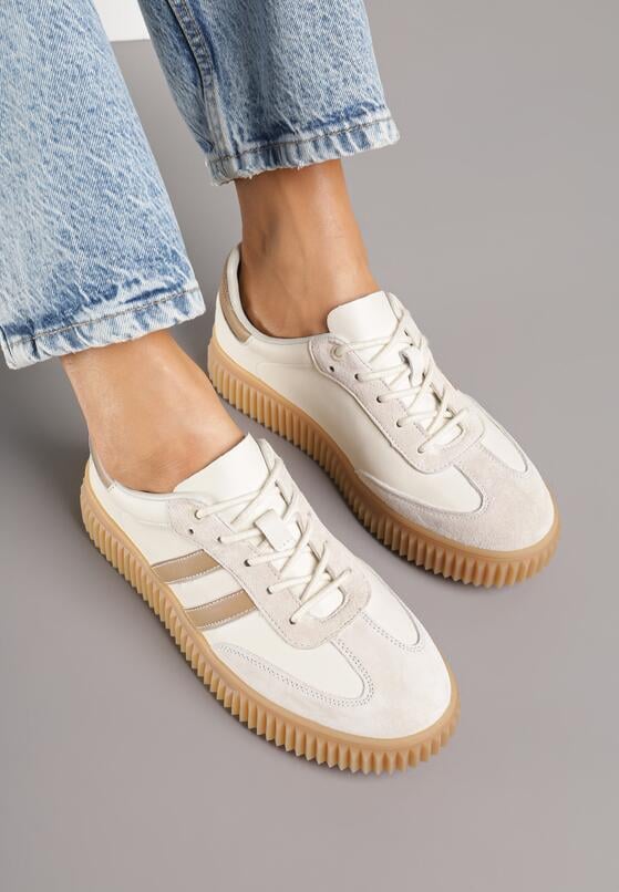Beżowo-Brązowe Skórzane Sneakersy Klasyczne Tenisówki z Zamszu Naturalnego Teniresela 3