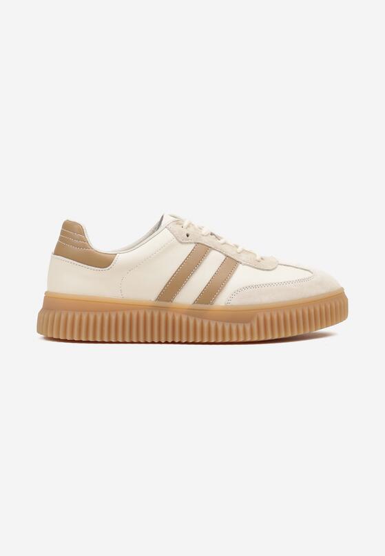 Beżowo-Brązowe Skórzane Sneakersy Klasyczne Tenisówki z Zamszu Naturalnego Teniresela 4