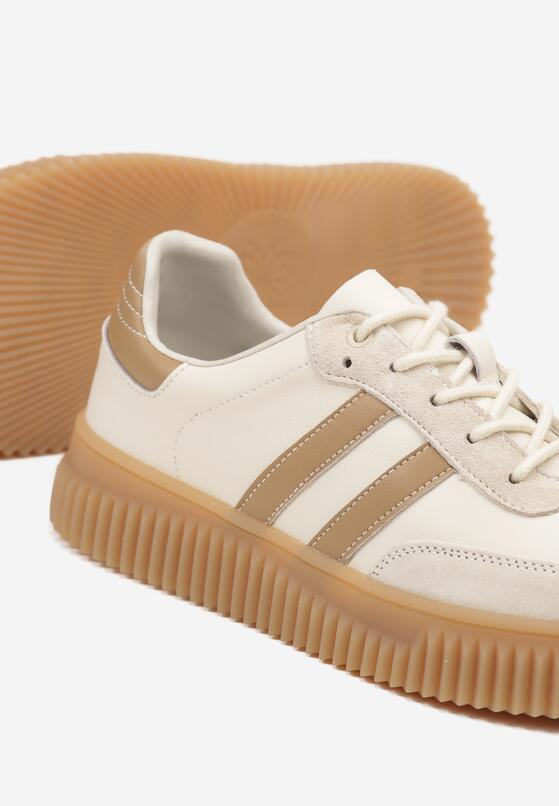 Beżowo-Brązowe Skórzane Sneakersy Klasyczne Tenisówki z Zamszu Naturalnego Teniresela 6