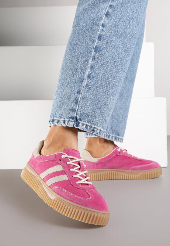Fuksjowe Skórzane Sneakersy Klasyczne Tenisówki z Zamszu Naturalnego Teniresela 2