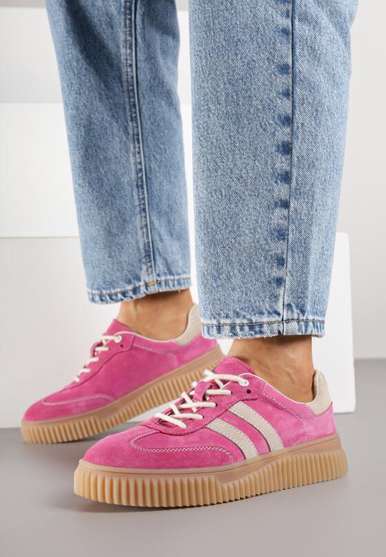 Fuksjowe Skórzane Sneakersy Klasyczne Tenisówki z Zamszu Naturalnego Teniresela 1