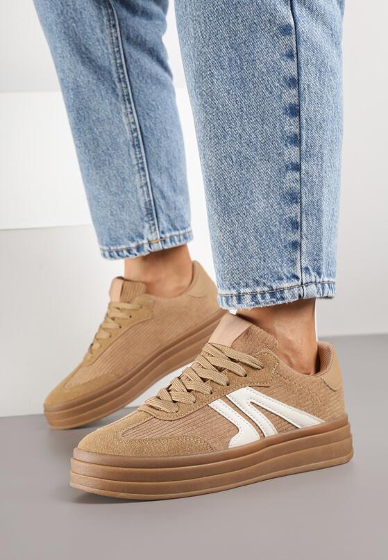 Ciemnobeżowe Sneakersy w Stylu Tenisówek na Grubej Podeszwie z Geometrycznym Wzorem Wevirra 3