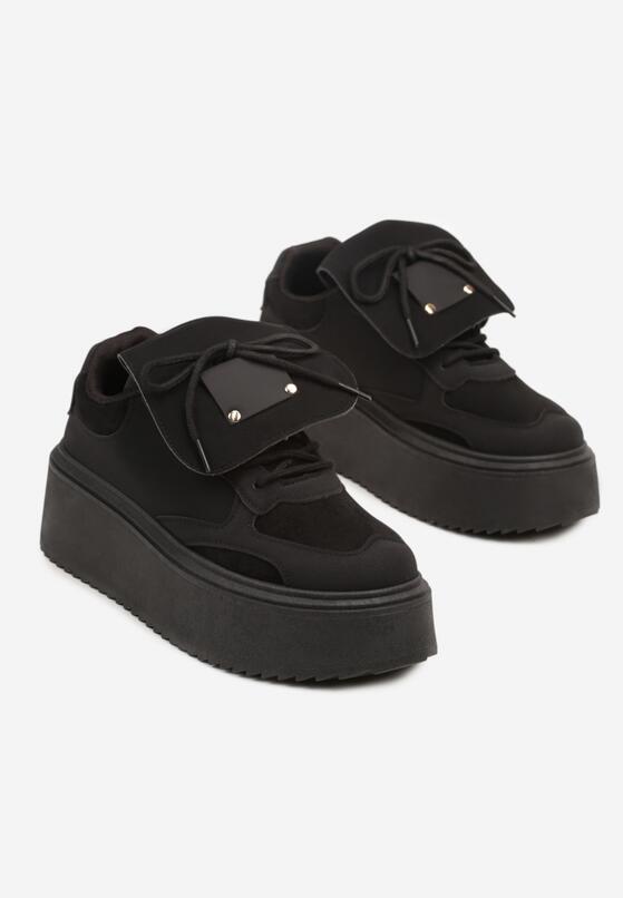 Czarne Sneakersy na Grubej Podeszwie z Wywiniętym Językiem i Kokardą Ellisare 5