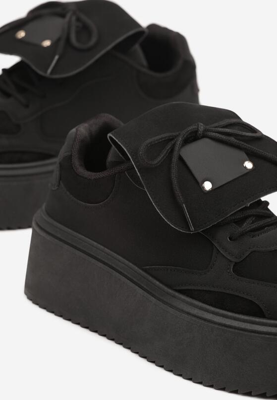 Czarne Sneakersy na Grubej Podeszwie z Wywiniętym Językiem i Kokardą Ellisare 6