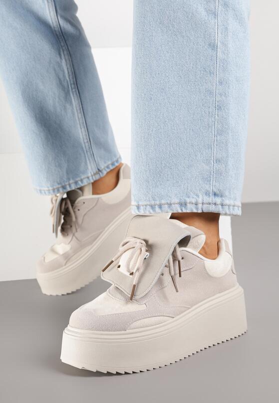 Beżowe Sneakersy na Grubej Podeszwie z Wywiniętym Językiem i Kokardą Ellisare 1