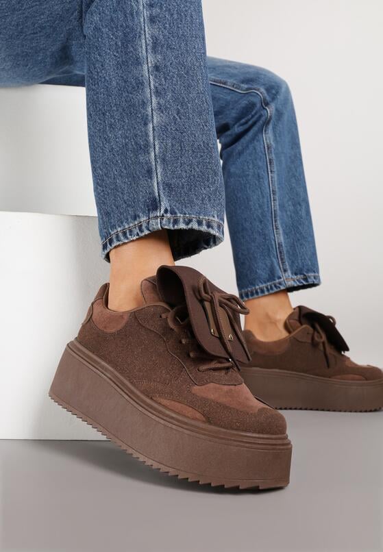 Brązowe Sneakersy na Grubej Podeszwie z Wywiniętym Językiem i Kokardą Ellisare 2