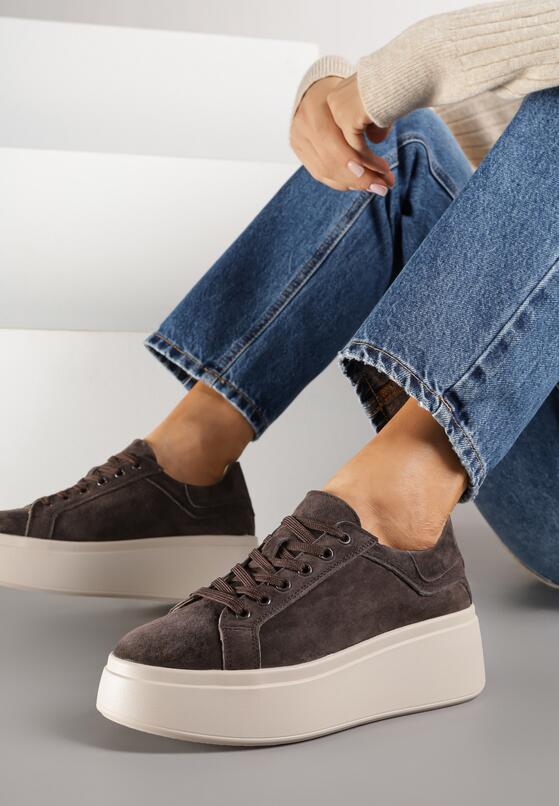 Ciemnobrązowe Zamszowe Sneakersy na Grubej Podeszwie Nalimiree 2