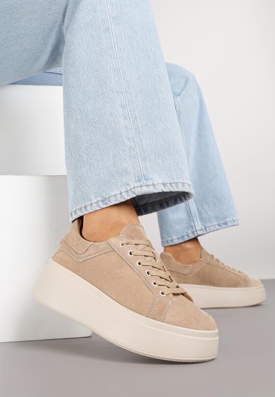 Beżowe Zamszowe Sneakersy na Grubej Podeszwie Nalimiree 1