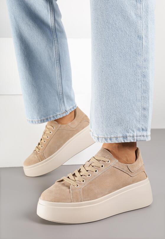Beżowe Zamszowe Sneakersy na Grubej Podeszwie Nalimiree 3