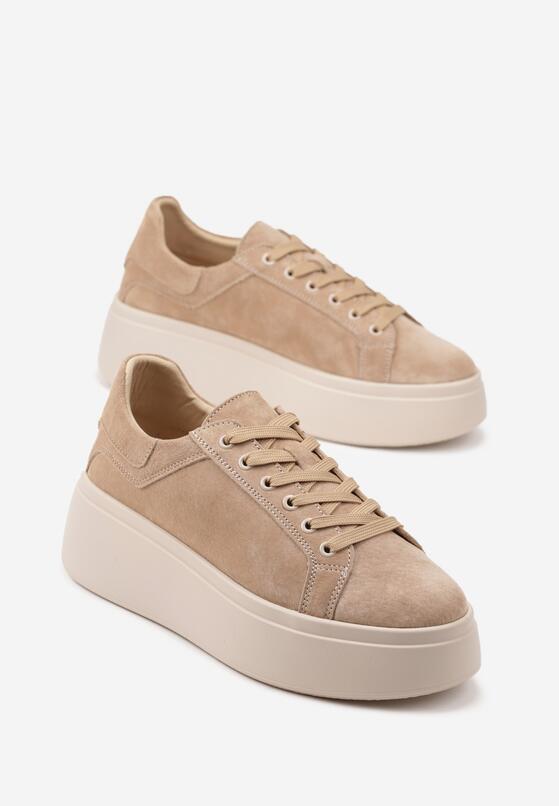 Beżowe Zamszowe Sneakersy na Grubej Podeszwie Nalimiree 5