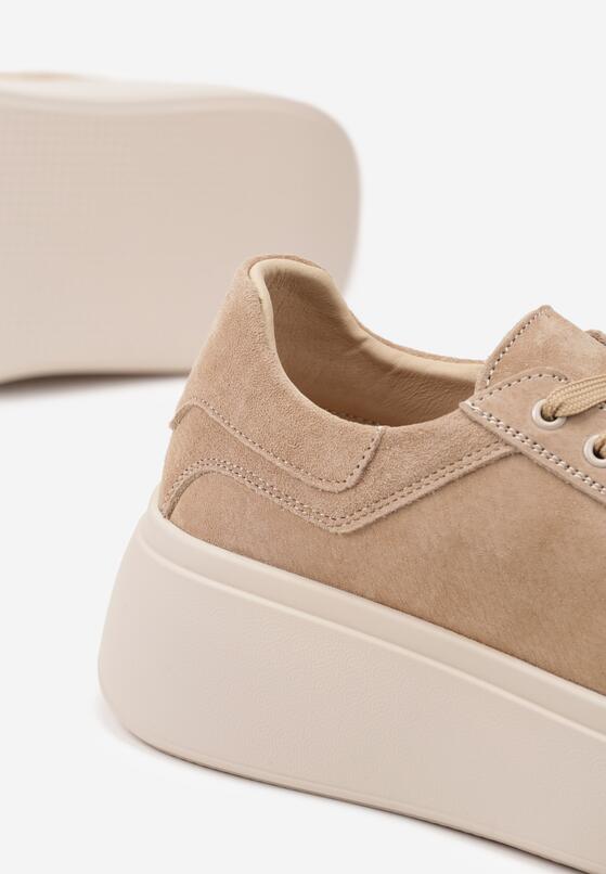 Beżowe Zamszowe Sneakersy na Grubej Podeszwie Nalimiree 6
