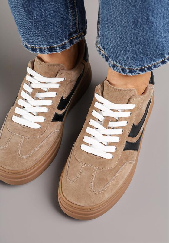 Brązowe Sneakersy Zamszowe w Stylu Tenisówek z Geometrycznym Wzorem Naliane 3