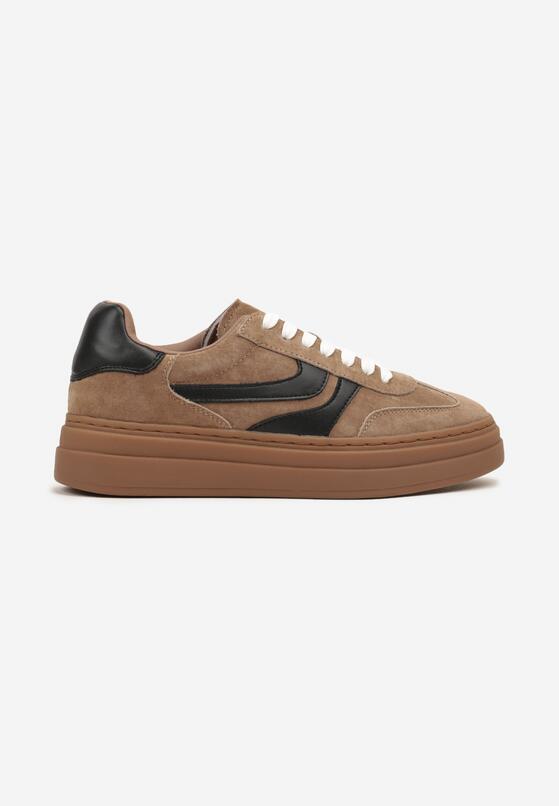 Brązowe Sneakersy Zamszowe w Stylu Tenisówek z Geometrycznym Wzorem Naliane 4