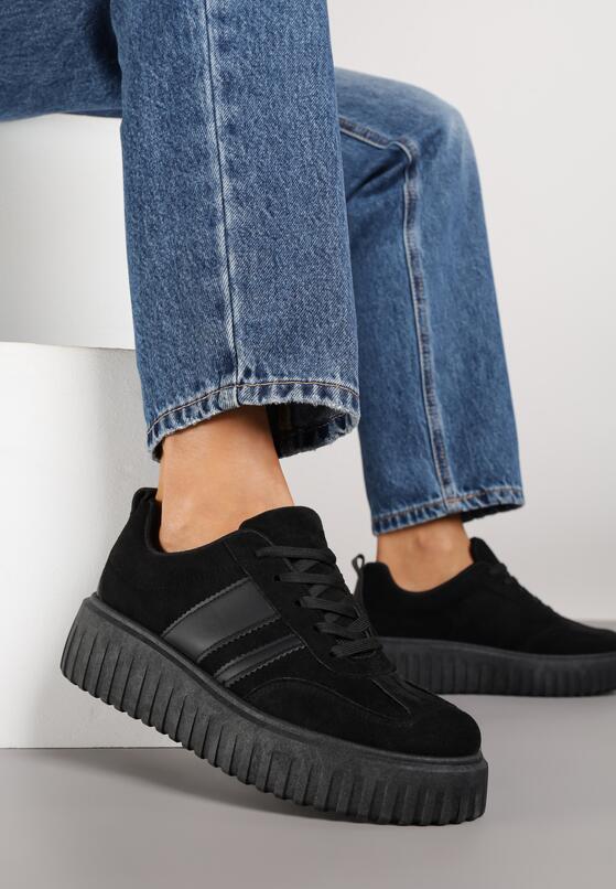 Czarne Sneakersy na Grubej Podeszwie z Tłoczeniem Rilunessa 1